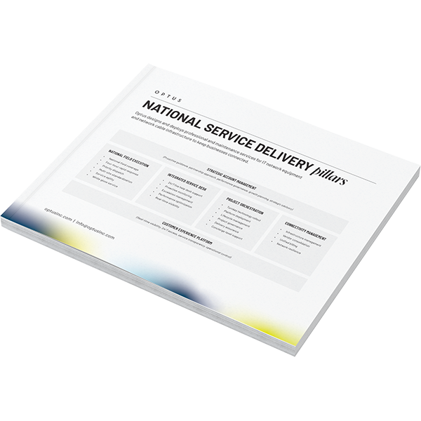 Brochure lying at an angle, Optus document titled 'National Service Delivery' with a multi-section layout and columns.
